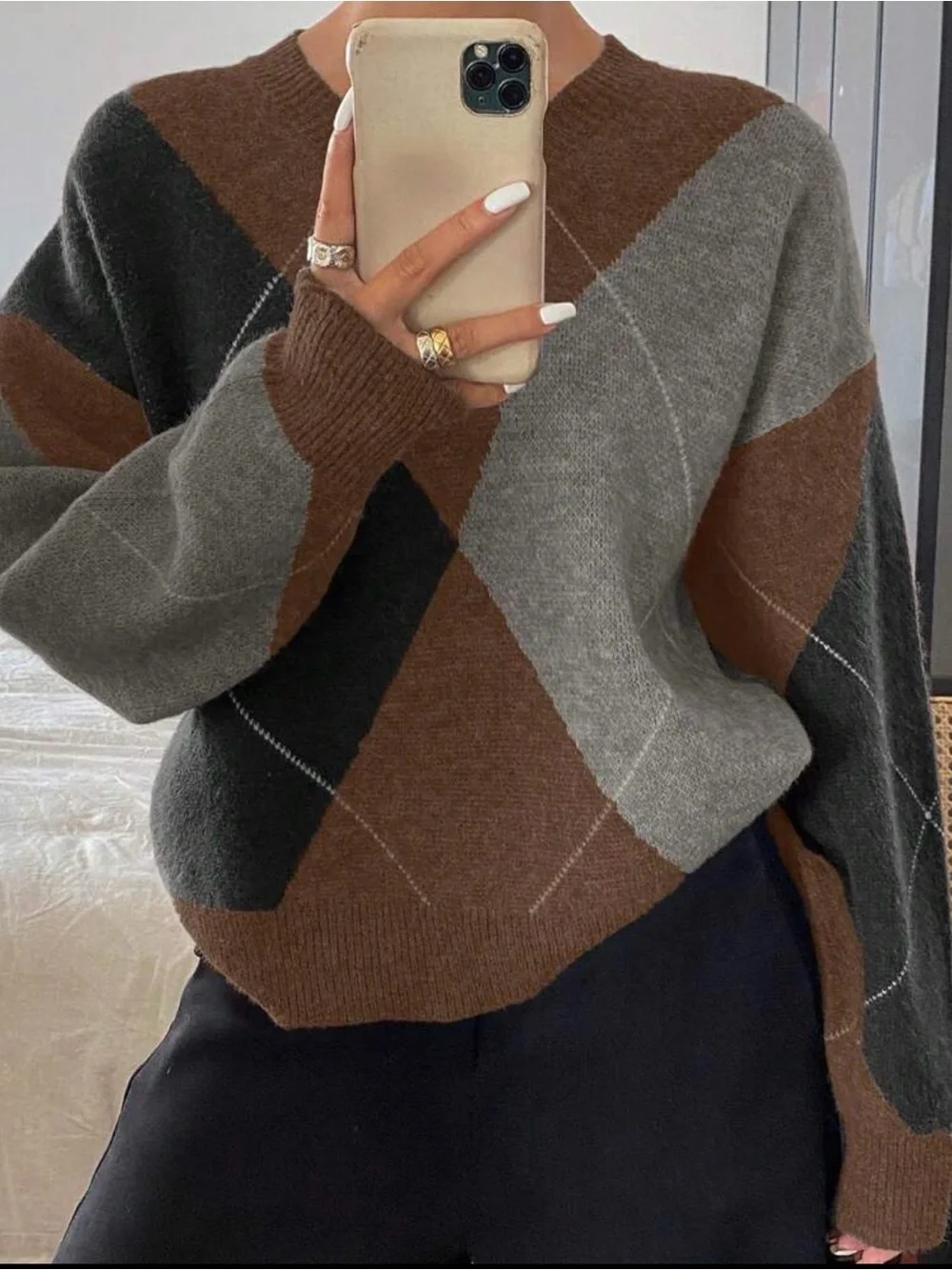 Brown & Gray Argyle V-Neck Sweater - Picture 3 of 5